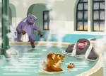 anthro bathing black_body brown_body brown_fur eyes_closed fur group inside male purple_body purple_fur steam towel water unknown_artist tails_of_trainspot timo_(tails_of_trainspot) toby_(tails_of_trainspot) crab-eating_mongoose eulipotyphlan herpestid least_weasel mammal mole_(animal) mongoose mustelid musteline true_musteline weasel official_art