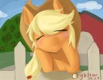 anthro blonde_hair blush clothing female feral fur hair hat headgear headwear orange_body orange_fur simple_background smile solo crybitur friendship_is_magic hasbro my_little_pony applejack_(mlp) earth_pony equid equine horse mammal pony hi_res