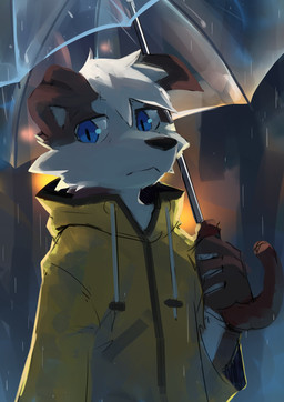 anthro blue_eyes brown_body brown_fur cheek_tuft clothed clothing facial_tuft fur glistening glistening_eyes hair holding_object holding_umbrella jacket looking_at_viewer male mouth_closed raining short_hair simple_background solo topwear tuft umbrella white_body white_fur white_hair yellow_clothing yellow_jacket_(clothing) yellow_topwear kuttoyaki canid canine canis domestic_dog mammal half-length_portrait hi_res portrait
