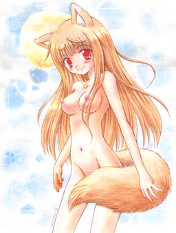 breasts brown_hair casual_nudity convenient_censorship female hair looking_at_viewer nipples nude orange_hair red_eyes solo standing sun tail tail_censorship unknown_artist spice_and_wolf holo_(spice_and_wolf) animal_humanoid canid canid_humanoid canine canine_humanoid canis humanoid mammal mammal_humanoid wolf wolf_humanoid