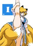 9_tails bent_arm big_breasts biped blonde_hair breasts clothed clothing convenient_censorship dipstick_ears dipstick_tail dress ear_markings extended_arm extended_leg female flexible fluffy fluffy_tail fur hair hand_on_calf hand_on_leg hand_on_own_calf hand_on_own_leg hand_on_own_tail hand_on_tail holding_calf holding_leg holding_raised_leg holding_tail inner_ear_fluff light_body light_skin looking_at_viewer markings monotone_hair multi_tail multicolored_ears multicolored_tail on_one_leg one_leg_up pink_inner_ear raised_arm raised_hand raised_leg short_hair simple_background solo splits spread_legs spreading standing straight_leg tabard tail tail_censorship tail_markings thick_thighs tuft two_tone_ears two_tone_tail upskirt vertical_splits white_background white_clothing white_dress white_inner_ear_fluff wrist_under_leg yellow_body yellow_eyes yellow_fur azuki_osamitsu touhou ran_yakumo animal_humanoid canid canid_humanoid canine canine_humanoid fox_humanoid humanoid mammal mammal_humanoid hi_res