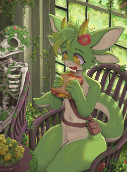 2_horns 4_ears abandoned abandoned_building accessory ambiguous_gender anthro biped blush blush_lines bone casual_nudity chair claws countershade_ears countershade_face countershade_fur countershade_legs countershade_neck countershade_tail countershade_thighs countershade_torso countershading crotch_tuft day eating featureless_crotch finger_claws fingers flesh_fang flower flower_in_hair food front_view fur furniture green_body green_fur hair hair_accessory high-angle_view holding_food holding_object holding_sandwich horn indoor_nudity inside looking_down looking_down_at_object multi_ear nude nude_anthro on_chair open_mouth overgrown plant pose sandwich_(food) short_snout sitting sitting_on_chair skeleton snout solo straps straps_across_chest tail tapering_tail text thick_thighs three-quarter_view tuft white_body white_countershading white_fur wide_hips window yellow_eyes arcadius0505 legend_of_ahya mythology kanya_the_drakkonid_(darkflamewolf) dragon furred_dragon furred_scalie mythological_creature mythological_scalie scalie artist_name digital_drawing_(artwork) digital_media_(artwork) hi_res portrait shaded soft_shading three-quarter_portrait