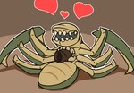 ambiguous_gender arthropod_abdomen duo feral heart_symbol lying on_back petting simple_background smile kaitou deep_rock_galactic ghost_ship_games steeve_(drg) alien arachnid arthropod extraterrestrial glyphid glyphid_grunt