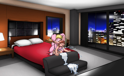 anal anal_penetration anthro balls bed blonde_hair blue_eyes blush bodily_fluids buckteeth building cum cum_inside cumshot detailed_background duo ejaculation erection excessive_cum excessive_genital_fluids eyes_closed fur furniture genital_fluids genitals hair handjob handjob_while_penetrating hug humanoid_genitalia humanoid_penis inside kneeling lamp long_ears looking_pleasured male male/male male_penetrated male_penetrating male_penetrating_male night nude on_bed open_mouth orgasm penetration penile penile_penetration penis penis_grab pillow pink_body reach_around sex sky smile sofa tail tan_body teeth window twotails keroro_(kerobero) lagomorph leporid mammal rabbit digital_media_(artwork) hi_res