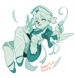 anthro bandage blush blush_stickers bow_ribbon breasts clothing eyelashes eyes_closed feathers female footprint footwear fur hair hat headgear headwear maid_uniform nurse_clothing nurse_hat nurse_headwear pawprint ribbons shoes simple_background solo tail tongue tongue_out uniform white_background white_body white_fur white_hair wings sanjiro canid canine canis domestic_dog mammal 2024 dated hi_res
