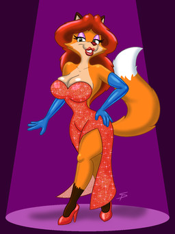 anthro bedroom_eyes big_breasts breasts cleavage clothed clothing cosplay dipstick_tail dress female footwear glitter_eyeshadow gloves green_eyes hair hand_on_hip handwear high_heels lipstick looking_at_viewer makeup markings narrowed_eyes orange_body red_clothing red_dress red_hair red_lipstick seductive shoes solo sparkles sparkling_clothing tail tail_markings voluptuous_female wide_hips sparkpad disney who_framed_roger_rabbit jessica_rabbit sheila_vixen canid canine fox mammal red_fox true_fox 3:4 hi_res