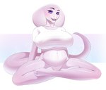 2023 amur anthro big_breasts bottomwear breasts clothing female hi_res hotpants huge_breasts nipple_outline pink_body pink_scales purple_eyes reptile scales scalie shirt shorts snake solo spirit_weaver syrilith tank_top topwear