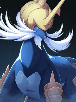 1_horn ambiguous_feral ambiguous_gender beard blue_body blue_tail facial_hair feral grey_body horn light mouth_closed multicolored_body mustache orange_eyes orange_nose pupils quadruped shell snout solo standing tail tan_body tan_horn tan_shell white_beard white_facial_hair white_mustache rumine nintendo pokemon generation_5_pokemon pokemon_(species) samurott 2026 hi_res lighting shaded