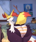 2024 absurd_res anthro bent_over big_butt bottomwear braixen butt canid canine clothed clothing detailed_background female foxialewd fur generation_6_pokemon hi_res huge_butt inner_ear_fluff inside mammal nintendo pokemon pokemon_(species) rear_view simple_background solo tail tuft white_body white_fur yellow_body yellow_fur