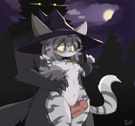 anthro blush bodily_fluids breasts breath clothing collar female forest forest_background genital_fluids genitals gloves_(marking) glowing glowing_eyes grabbing_from_behind green_eyes green_sclera hat headgear headwear holidays huge_hips interspecies male male/female markings moon motion_lines nature nature_background navel nervous night outside penis plant precum questionable_consent sex size_difference small_breasts small_waist striped_body stripes surprised sweat thigh_sex tree vulva wide_hips witch_hat biddoboss halloween saya_(biddoboss) canid canine canis domestic_cat felid feline felis mammal monster wolf 2025 absurd_res hi_res watermark