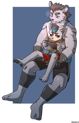 anthro barefoot black_sclera blush bodily_fluids border bottomwear clothing duo ear_piercing embarrassed feet footwear gaming hair happy male pawpads piercing playing_video_game purple_eyes serious shirt shorts socks sweat tank_top topwear white_border young young_anthro young_male meogi nintendo nintendo_switch mammal species_request 2025 hi_res korean_description