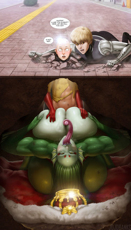 bald big_breasts big_butt blonde_hair bodily_fluids breast_grab breast_play breast_squish breasts butt female green_body green_hair group hair hand_on_breast huge_breasts huge_butt interspecies long_hair long_tongue male male/female muscular muscular_female narrowed_eyes oral saliva sex sharp_teeth squish teeth titfuck titfuck_fellatio tongue tongue_out tonguejob trio wide_hips jojobanks one-punch_man one_(manga) deep_sea_king_(one-punch_man) genos_(one-punch_man) saitama_(one-punch_man) animal_humanoid aquatic aquatic_humanoid human humanoid mammal sea_monster absurd_res hi_res