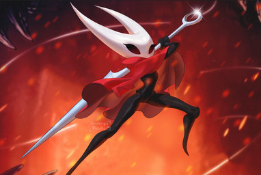 anthro black_body cloak cloak_only clothing female red_clothing solo purrynx queenpurr hollow_knight_(franchise) team_cherry hornet_(hollow_knight) arthropod