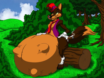 abdominal_bulge anthro belly big_belly brown_body brown_fur cigar clothing fur hand_on_belly hat headgear headwear huge_belly jacket licking licking_lips log male male_pred necktie outside same_size_vore struggling struggling_prey tongue tongue_out topwear vore wood yellow_eyes wolfdan86 fairy_tales big_bad_wolf canid canine canis mammal wolf 4:3 hi_res