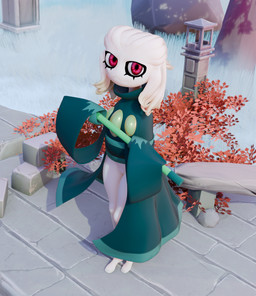 autumn_leaves bottomless clothed clothing eyelashes female fusion genitals green_clothing hair holding_object looking_at_viewer red_eyes robe solo standing vulva waterfall white_body white_hair lorded nine_sols nintendo pokemon red_candle_games heng_(nine_sols) generation_4_pokemon mismagius pokemon_(species) 3d_(artwork) absurd_res digital_media_(artwork) hi_res