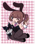 anthro brown_hair bunny_costume chibi clothing costume duo fake_ears fake_rabbit_ears female female/female fishnet_clothing fishnet_leggings fishnet_legwear gesture hair hand_gesture heart_symbol interspecies leggings legwear looking_at_viewer matching_outfits necktie one_eye_closed plushie ponytail self_insert size_difference smaller_anthro smaller_female spade_tail tail v_sign wink winking_at_viewer touboutenshi onegai_my_melody sanrio kuromi demon human lagomorph leporid mammal rabbit hi_res