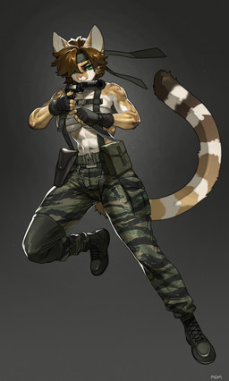abs accessory anthro bandage bindings bottomwear breasts camo camo_bottomwear camo_clothing camo_pants camo_print cleavage clothed clothing cosplay female gun handgun headband holding_gun holding_handgun holding_knife holding_object holding_pistol holding_ranged_weapon holding_weapon knife melee_weapon muscular muscular_anthro muscular_female pants pattern_bottomwear pattern_clothing pattern_pants pistol ranged_weapon silencer simple_background solo videogame_setting weapon pgm300 konami metal_gear metal_gear_solid_3 helia_peppercats naked_snake domestic_cat felid feline felis mammal absurd_res digital_media_(artwork) hi_res