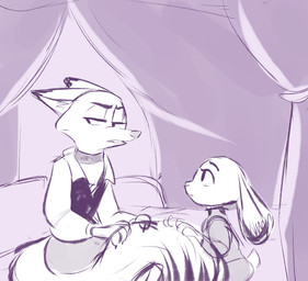 anthro duo female male judylavernehopps disney zootopia judy_hopps nick_wilde canid canine fox lagomorph leporid mammal rabbit red_fox true_fox 2016 source_request