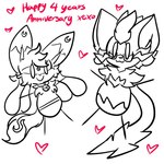 alpha_(wallyroo) anthro collar duo english_text eyewear female generation_4_pokemon generation_7_pokemon glasses heart_symbol legendary_pokemon lewdchuu_(artist) lucario male nintendo pokemon pokemon_(species) pyon_(lewdchuu) sketch smile text xoxo zeraora