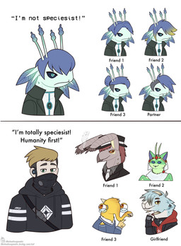 4_fingers 5_fingers ahoge ambiguous_gender angry antennae_(anatomy) anthro arm_spikes beak big_ears black_clothing black_coat black_gloves black_handwear black_hat black_headwear black_hoodie black_jacket black_sclera black_skinsuit black_topwear blonde_hair blue_body blue_clothing blue_eyes blue_fur blue_hair blue_sweater blue_tongue blue_topwear brown_body brown_hair brown_skin chin_piercing circle_eyebrows circlet clothed clothed_feral clothing coat collared_shirt countershade_face countershade_fur countershading dialogue dress_shirt ear_piercing ear_ring ear_stud external_gills eye_markings eye_scar eyebrows eyelashes eyestalks eyewear facial_scar feathers fedora female feral fingerless_gloves fingers fur furgonomic_piercing furgonomics gas_mask gesture gill_piercing gills glasses gloves green_body green_eyes green_fur green_skin group hair hair_bun half-closed_eyes hand_gesture handwear hat head_arms head_tuft headgear headwear hearing_aid holding_pipe hoodie horn humor jacket light_body light_skin logo logo_on_clothing long_hair long_sleeves looking_at_viewer male mane markings mask membrane_(anatomy) membranous_wings multi_antennae multi_horn multicolored_hair narrowed_eyes neck_tuft necktie nerd open_mouth orange_eyes pattern_clothing pattern_shirt pattern_topwear piercing pink_tongue pointing pointing_up proboscis_(anatomy) red_clothing red_hoodie red_mane red_topwear ring_piercing robe scar semi-anthro sharp_teeth shirt short_hair shoulder_spikes sidecut simple_background skinsuit smile smoke smoking_pipe smug speciesism spikes spikes_(anatomy) spots spotted_body spotted_fur striped_clothing striped_shirt striped_topwear stripes sweater teal_eyes teeth text thick_eyebrows tight_clothing tongue tongue_out topwear tuft two_panel_image two_tone_hair unusual_anatomy veil white_background white_body white_clothing white_fur white_necktie white_robe white_shirt white_skinsuit white_topwear wings yellow_body yellow_eyes yellow_feathers yellow_markings zipper nekoisopods electronic_arts maxis_(ea) mythology spore_(game) aegiri alien amphibian avian bat dragon furred_dragon furred_scalie human mammal mythological_creature mythological_scalie nu'khir pura_(nekoisopods) scalie xikhian ymirei 2026 artist_name english_text flat_colors half-length_portrait headshot_portrait hi_res meme portrait watermark