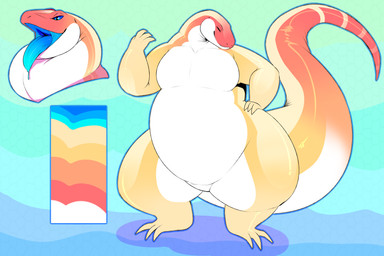 3_toes 4_fingers anthro belly big_tail blue_eyes blue_insides blue_mouth blue_sclera blue_tongue breasts color_swatch contiguous_snout eyebrow_ridge eyes_closed featureless_breasts featureless_crotch feet female female_anthro fingers hand_on_hip hand_on_own_hip huge_tail long_tail non-mammal_breasts nude nude_anthro nude_female orange_body orange_skin overweight overweight_anthro overweight_female red_body red_skin short_legs solo tail tapering_tail thick_neck thick_tail toes tongue tongue_out white_belly white_body white_skin yellow_body yellow_skin oreocakes beiss lizard reptile scalie skink 3:2 absurd_res hi_res