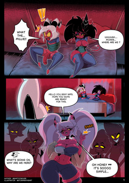 arms_tied arms_tied_behind_back bed big_breasts big_penis black_hair bound bow_tie breasts camel_toe choker cleavage clothed clothing dialogue exclamation_point female flaccid footwear furniture genitals glowing glowing_eyes grin group hair hands_behind_back heart_symbol high_heels horn horn_markings inside jewelry leg_warmers legwear long_hair male markings midriff mostly_nude necklace nipples not_furry on_bed penis pink_body pink_skin red_body red_eyes red_skin shocked shoes shrug_(clothing) sitting sitting_on_bed smile spade_tail star_(marking) strapless_clothing strapless_topwear tail tail_wrapped_around_leg text thigh_highs topwear torn_clothing torn_legwear twintails_(hairstyle) vein veiny_penis vulva white_hair yellow_sclera stormrayneart hellaverse helluva_boss coco_(helluva_boss) josh_(helluva_boss) kat_(helluva_boss) kiki_(helluva_boss) millie_(helluva_boss) moxxie_(helluva_boss) verosika_mayday demon horned_humanoid humanoid imp succubus tailed_humanoid 2024 absurd_res comic english_text hi_res