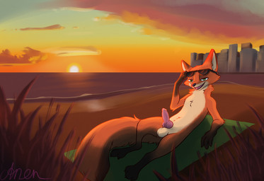 anthro balls beach beach_towel building city digitigrade eyewear eyewear_on_head fur genitals green_eyes knot knotted_penis male nude outside penis rim_light sky smile solo sun sunglasses sunglasses_on_head sunset tail towel anentheotter disney zootopia nick_wilde canid canine fox mammal red_fox true_fox hi_res signature