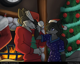 anthro black_hair christmas_clothing christmas_decorations christmas_headwear christmas_stocking christmas_tree clock clothing fireplace fur fur_markings grey_body grey_fur hair hair_over_eye hat headgear headwear holidays long_hair markings pajamas plant purple_eyes purple_flesh purple_mouth santa_hat text tree setriaphtfj christmas kailun_setra lumila_tenris absurd_res english_text hi_res