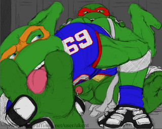 2_toes 69_position anal anthro balls barefoot blue_eyes bodily_fluids clothing duo erection feet foot_fetish foot_lick foot_play football_gear football_jersey foreskin genital_fluids genitals gloves green_body green_scales handwear hindpaw intraspecies jersey jockstrap licking locker locker_room male male/male male_penetrated male_penetrating male_penetrating_male mask open_mouth oral paws penetration penis plantigrade precum rimming scales sex shirt shoulder_pads soles sportswear toes tongue tongue_out topwear underwear ukent teenage_mutant_ninja_turtles michelangelo_(tmnt) raphael_(tmnt) reptile scalie turtle 2011 incest_(lore)