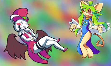 abstract_background alternate_costume anthro bangs blush butt_wings clothed clothing clothing_swap crossdressing duo female grin hat headgear headwear heart_tail horn long_bangs male necktie one_eye_closed smile tail top_hat unusual_wing_placement wings wink i-am-that-japanesse mad_rat_dead nippon_ichi_software undertale undertale_(series) asriel_dreemurr_(god_form) rat_god_(mad_rat_dead) bovid caprine mammal murid murine rat rodent