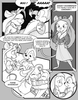 4_fingers anthro bomber_jacket clothing dialogue dress eye_contact female fingers grin hair hug long_hair looking_at_another male shocked smile startled tail text chris_fischer chip_'n_dale_rescue_rangers disney chip_(disney) gadget_hackwrench chipmunk ground_squirrel mammal mouse murid murine rodent sciurid comic english_text hi_res