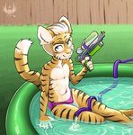 anthro bulge clothed clothing male solo speedo swimming_pool swimwear topless toy toy_gun water_gun young young_anthro young_male eldiman dyson_(eldiman) felid mammal pantherine tiger hi_res