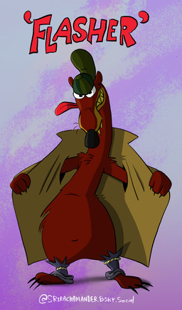 anthro backwards_cap clothing coat flashing flashing_penis genitals male null solo standing tongue tongue_out topwear trenchcoat srirachamander mammal mustelid musteline true_musteline weasel absurd_res hi_res
