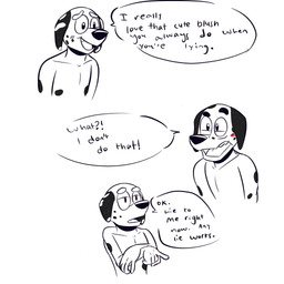 anthro black_body black_ears black_eyes black_fur black_nose black_spots blush canon_couple crossed_arms dialogue duo eyebrows female fur gesture half-closed_eyes hand_gesture looking_at_another male male/female markings multicolored_body multicolored_ears multicolored_fur narrowed_eyes pointing pointing_at_another raised_eyebrow simple_background speech_bubble spots spotted_body spotted_fur standing teeth text two_tone_body two_tone_ears two_tone_fur white_background white_body white_ears white_fur beargarbage bluey_(series) chloe's_mum_(bluey) frank_(bluey) canid canine canis dalmatian domestic_dog mammal 1:1 2023 digital_media_(artwork) english_text hi_res