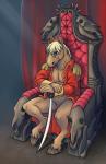 anthro biped blonde_hair blue_eyes bone chair clothing coat furniture hair male melee_weapon muscular muscular_anthro muscular_male sitting skull solo sword throne topwear weapon werella jackard_steelhoof equid equine horse mammal hi_res