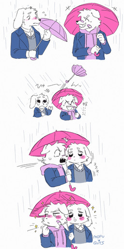 anthro blush bodily_fluids bully clothing duo eyes_closed floppy_ears folded_ears hoodie jacket kemono laughing_at_another male male/male raining sweater tears text topwear umbrella mofu_guys canid canine canis domestic_dog mammal 2025 comic hi_res japanese_text one_page_comic signature