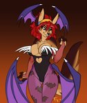 2015 anthro armwear ayn_(fluff-kevlar) bat_wings black-backed_jackal blue_eyes breasts bridal_gauntlets brown_body brown_fur butt_wings canid canine canis capcom chest_tuft cleavage clothed clothing conditional_dnp costume countershading darkstalkers digital_media_(artwork) ear_piercing facial_piercing female fluff-kevlar fur gradient_background hair halloween head_wings holidays jackal legwear lip_piercing mammal membrane_(anatomy) membranous_wings midriff multicolored_body multicolored_fur piercing red_hair simple_background skimpy solo tuft two_tone_body two_tone_fur wings