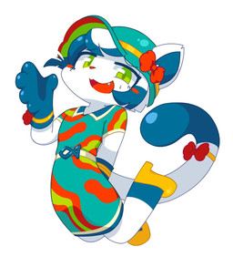 ambiguous_gender anthro biped blue_body blue_ears blue_fur blue_hair blue_tail bow_ribbon clothing dress fangs footwear fur gloves green_clothing green_eyes hair handwear headgear headwear multicolored_body multicolored_ears multicolored_fur red_clothing smile solo tail teeth tongue topwear two_tone_body two_tone_ears two_tone_fur two_tone_tail white_ears white_hair white_tail yellow_clothing yonkagor dragonet_(yonkagor) domestic_cat felid feline felis mammal 2025 digital_media_(artwork) hi_res