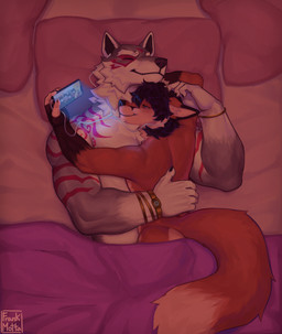 anthro clock cuddling cuddly duo earbuds electronics headphones male male/male tail tattoo watch watching_video frank_motta epic_games fortnite fletcher_kane canid canine canis fox mammal wolf absurd_res hi_res