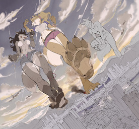 aircraft airplane angry anthro bracelet breasts building cellphone city clothing cloud destruction electronics explosion eyes_closed female giga group hair jewelry landscape_dwarfing long_hair macro mountain panties phone piercing ponytail sharp_teeth skyscraper smoke stomping tail teeth trio underwear vehicle weapon scream_(artist) alessandra_(scream) emily_(yellow07) ambiguous_species canid canine canis fox mammal wolf 2015 hi_res