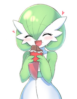 ambiguous_gender blush blush_lines candy chocolate crumbs_on_face dessert eating eye_through_pseudo_hair eyebrow_through_pseudo_hair eyebrows eyelashes eyes_closed fangs food green_pseudo_hair heart_symbol holding_food holding_object open_mouth pseudo_hair simple_background solo teeth tongue white_body sublender1234 nintendo pokemon gardevoir generation_3_pokemon humanoid pokemon_(species) 2026 hi_res