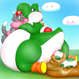 ambiguous_gender anal_oviposition anthro anus blue_eyes blush bodily_fluids boots butt clothing cloud day dipstick_ears dipstick_tail disposal duo ear_markings egg egg_in_feces feces feces_on_ground feces_pile footwear fur grass green_body green_eyes green_scales grey_body grey_fur half-closed_eyes hat headgear headwear imminent_oral_vore imminent_vore long_tongue looking_back_at_self looking_down markings multicolored_ears narrowed_eyes object_in_feces open_mouth orange_boots orange_clothing orange_footwear outside overweight overweight_ambiguous oviposition plant pooping red_clothing red_hat red_headwear red_shell saliva scales scat_disposal shell shoes short_tail sky tail tail_markings tongue tongue_out tongue_wrap white_body white_fur white_scales bboing mario_bros nintendo domestic_cat felid feline felis mammal yoshi 1:1 hi_res
