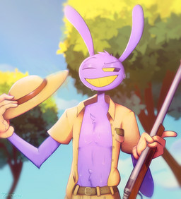 4_fingers anthro arm_tuft armor bodily_fluids chest_tuft clothed clothing elbow_tuft fingers gun head_tuft headgear heat_(temperature) helmet looking_aside male one_eye_closed open_clothing open_shirt open_topwear pith_helmet ranged_weapon rifle safari_outfit shirt smug_grin solo sweat sweatdrop topwear tuft weapon zestyzoma glitch_productions the_amazing_digital_circus jax_(tadc) lagomorph leporid mammal rabbit hi_res
