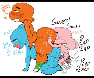 all_fours anal anal_penetration anthro balls big_balls big_butt big_penis black_bars black_eyebrows blue_body blue_ears blue_fur blush blush_lines bodily_fluids butt clothing dialogue doggystyle ears_back ears_down erection eyebrows fin flat_chested footwear from_behind_position fur genitals grin group group_sex gynomorph gynomorph/male intersex intersex/male looking_pleasured male male_penetrated moan nipples nude open_mouth oral orange_body orange_fin orange_skin penetration penis pink_body pink_ears pink_fur pink_nipples pink_tongue pivoted_ears profanity rimming rimming_male saliva sex simple_background small_but_hung smile socks text thick_eyebrows thick_thighs threesome tongue trio vein veiny_penis whiskers white_background young young_anthro young_but_hung young_gynomorph young_intersex centipedemc cartoon_network the_amazing_world_of_gumball anais_watterson darwin_watterson gumball_watterson aquatic domestic_cat felid feline felis fish lagomorph leporid mammal rabbit english_text letterbox adopted_(lore) adoptive_brother_(lore) adoptive_sibling_(lore) brother_(lore) brother_and_sister_(lore) incest_(lore) sibling_(lore) sister_(lore)