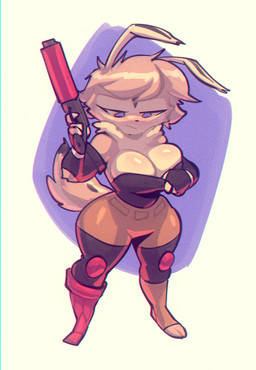 anthro big_breasts blue_eyes blush breasts cleavage clothed clothing female gun holding_gun holding_object holding_ranged_weapon holding_weapon ranged_weapon simple_background solo weapon bigdad daniah_(kittykola_) hare lagomorph leporid mammal rabbit 2022