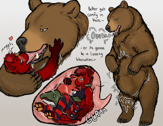 abdominal_bulge ambiguous_gender anthro anthro_prey bestiality_kiss bodily_fluids burping dialogue duo extreme_french_kiss female female_prey feral feral_pred french_kissing internal kissing larger_feral organs rumbling_stomach saliva size_difference smaller_anthro smaller_female stomach text tongue_in_mouth vore hgythshs bear brown_bear grizzly_bear hybrid mammal ursine digital_media_(artwork) english_text hi_res