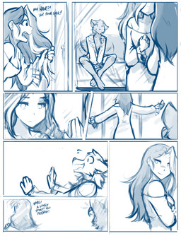 4_toes 5_fingers angry anthro bare_shoulders blush breasts chest_tuft claws cleavage clothed clothed_anthro clothed_female clothed_human clothed_male clothing crossed_ankles crossed_arms dialogue feet female fingers hair long_hair looking_at_another looking_back looking_back_at_another male mirror multicolored_hair nightshirt simple_background sitting smile standing tail tail_motion tailwag text toe_claws toes tuft two_tone_hair white_background conditional_dnp tom_fischbach twokinds maren_taverndatter sythe_(twokinds) canid canine canis human keidran mammal wolf 2026 blue_and_white comic english_text monochrome sketch