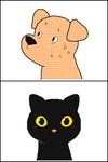 2:3 ambiguous_gender animated black_body black_ears black_eyes black_nose bodily_fluids canid canine canis constriction_response domestic_cat domestic_dog evil_grin fangs felid feline felis feral frame_by_frame front_view keke_(artist) line_boil looking_at_viewer mammal pupillary_response pupils red_tongue short_playtime simple_background slit_pupils smile smiling_at_viewer sweat tan_body tan_ears teeth tongue tongue_out white_background worried yellow_eyes