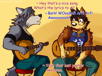 acoustic_guitar anthro bottomwear clothing dialogue duo guitar musical_instrument pants playing_guitar playing_music plucked_string_instrument shirt string_instrument tank_top text topwear ventkazemaru morenatsu kouya_aotsuki canid canine canis domestic_dog husky mammal nordic_sled_dog spitz 4:3 english_text