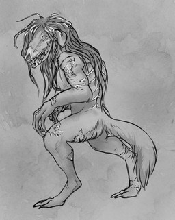 anthro breasts claws corruption female hair mutation nude open_mouth solo wounded yaroul canid canine mammal hi_res monochrome